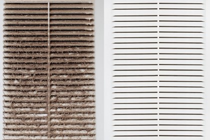 Comparison of two air vents: one on the left covered in dirt and debris, and another on the right clean and well-maintained.