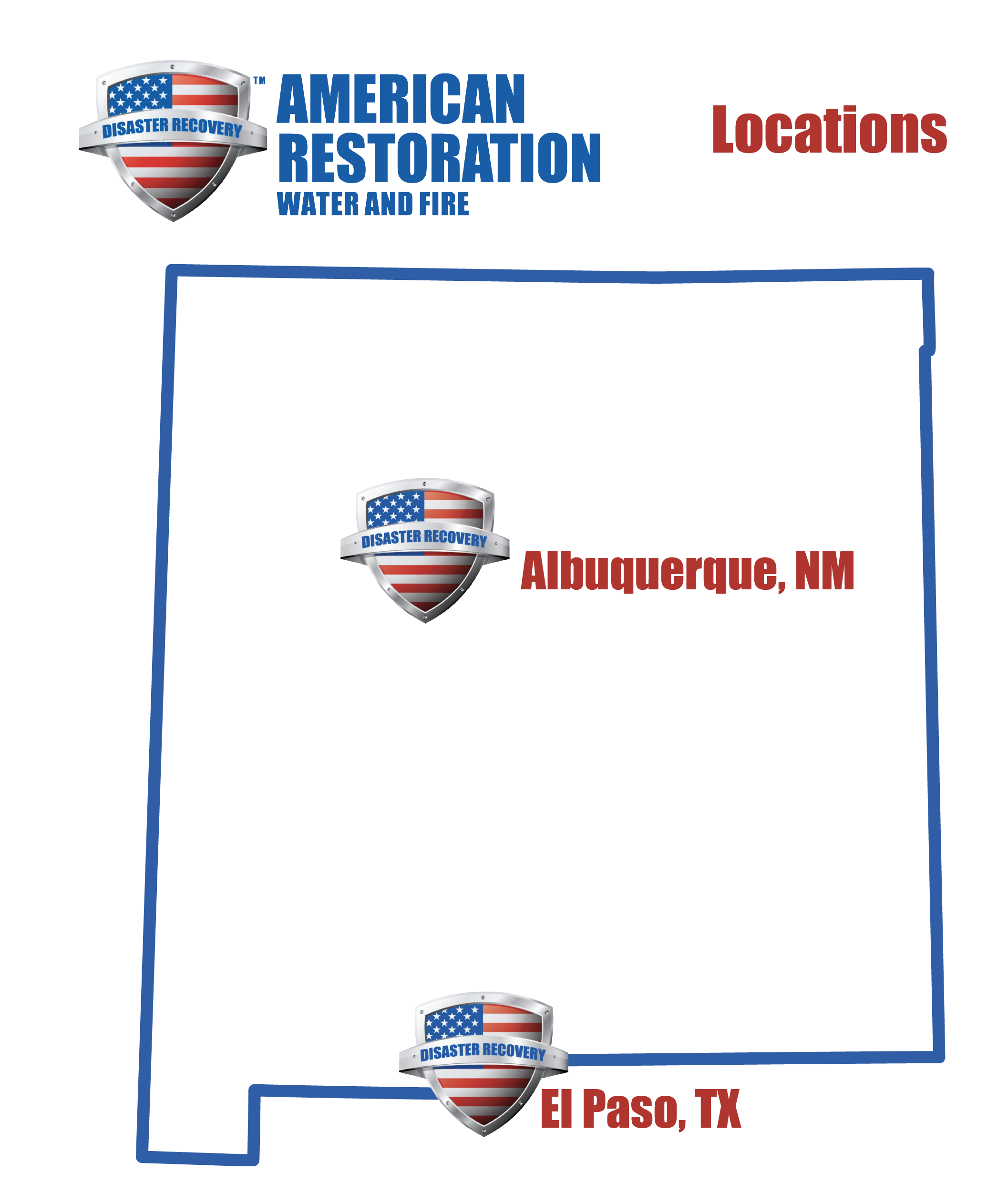 Service area map highlighting American Restoration locations in Albuquerque, New Mexico and El Paso, Texas